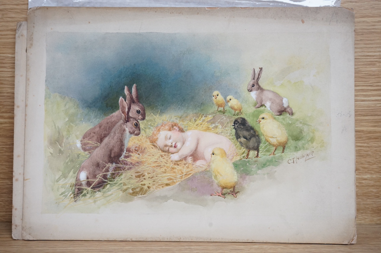 Charles Thomas Howard (1865-1942), set of eight original watercolours for Easter postcard designs, to include chicks, ducklings and rabbits, two signed, unframed, largest 22 x 33cm. Condition - fair